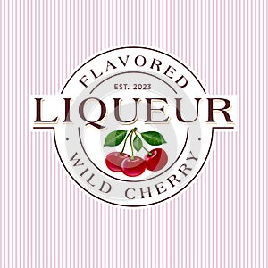 Cherry liqueur emblem. Label or packaging. Circle frame with letters and ripe berries. Retro style design.