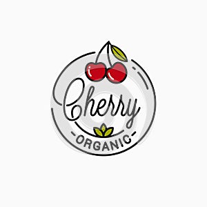 Cherry logo. Round linear logo of organic cherry