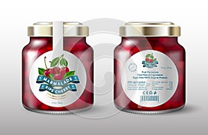 Cherry marmalade. Cherries and silk ribbons. White round label for sweet preservation. Mock up of a glass jar with a label.