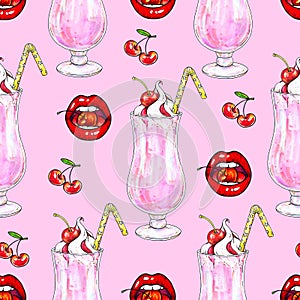 Cherry milk shake with whipped cream and jam in a transparent glass with a tubule on a pink background. Seamless pattern