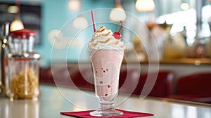 Cherry Milkshake in a Classic American Diner - food photography - made with Generative AI tools
