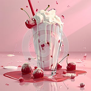 Cherry milkshake in elegant glass, decorated with whipped cream and fresh cherries against the pink background.