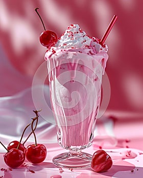 Cherry milkshake in elegant glass, decorated with whipped cream and fresh cherries against the pink background.