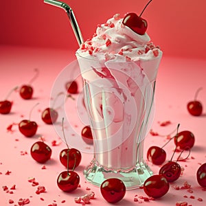 Cherry milkshake in elegant glass, decorated with whipped cream and fresh cherries against the red background.