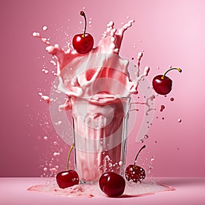 Cherry milkshake in a glass glass with sprinkles and berries on a pink background