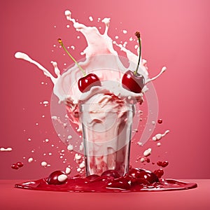 Cherry milkshake in a glass glass with sprinkles and berries on a pink background