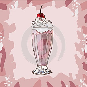 Cherry Milkshake recipe. Menu element for cafe or restaurant with milk fresh drink. Fresh cocktail for healthy life