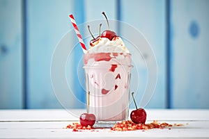 cherry milkshake with whole cherries and a cherry on the rim