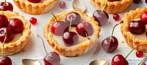 Cherry mini tart on white cutting board with vintage teaspoons, top view dessert flat lay.