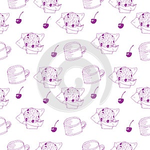 Cherry muffin and coffee seamless pattern, vector illustration, purple color