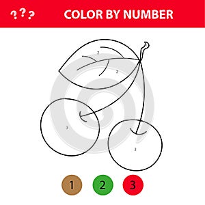 Cherry - painting page, color by numbers. Worksheet for education. Game for kids