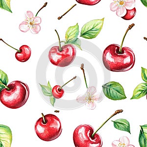 Cherry Pattern Seamless Texture, Red Fruit Design. Generative AI photo