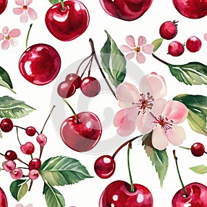 Cherry Pattern Seamless Texture, Red Fruit Design. Generative AI photo