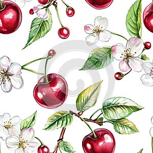 Cherry Pattern Seamless Texture, Red Fruit Design. Generative AI photo