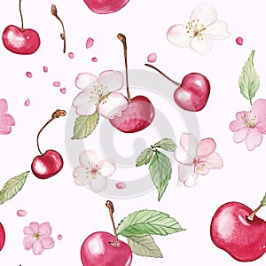 Cherry Pattern Seamless Texture, Red Fruit Design. Generative AI photo