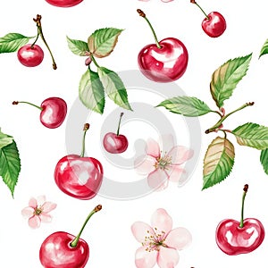 Cherry Pattern Seamless Texture, Red Fruit Design. Generative AI photo