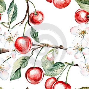 Cherry Pattern Seamless Texture, Red Fruit Design. Generative AI photo