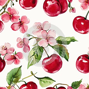Cherry Pattern Seamless Texture, Red Fruit Design. Generative AI photo