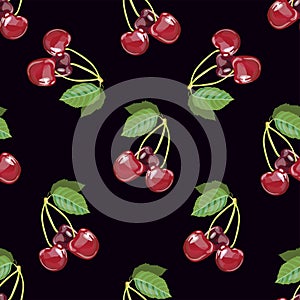 Cherry pattern. Vector illustration cherry, cherry leaves, which are located in a dark background.