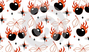 Cherry pattern y2k style. Cherry with burn fire flame background.Tattoo 2000s style print design. Black and red vector