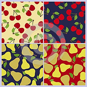 Cherry and pear seamless pattern. Berries, fruits. Fashion design. Food print for dress, skirt