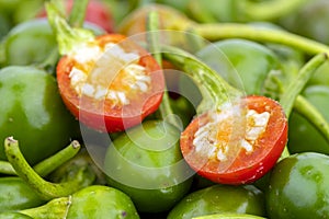 Cherry peppers with half-cut red with green. scinentific name is