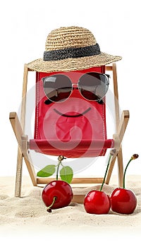 Cherry personification lounging in beach chair with sunglasses, embracing summer vibes