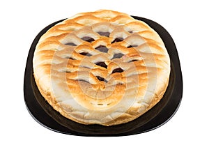 Cherry pie in black glass plate on white