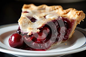 cherry pie with flaky crust and oozing cherry filling