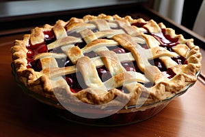 cherry pie with flaky crust and oozing cherry filling