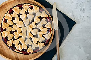 Cherry pie with heart shape decorations