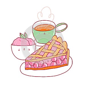 Cherry pie, ice cream and tea illustration