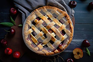 cherry pie with lattice pastry crust, ready for serving