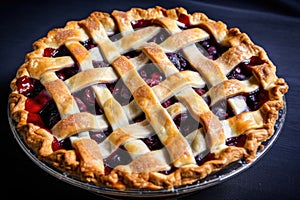 cherry pie with lattice pastry crust, ready for serving