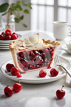Cherry pie. Summer lattice cherry pie with fresh cherry and vanilla ice cream scoop, generative AI