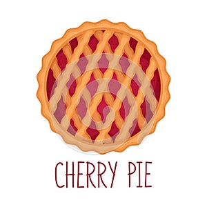 Cherry pie on white background, top view, vector illustration