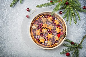 Cherry piecake with fresh cherry. Christmas decotation