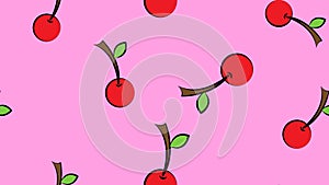 Cherry on a pink background, red berry, vector illustration, pattern. delicious juicy cherry with a green twig. wallpaper for