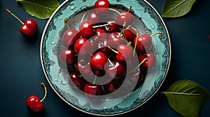 Cherry on plate. Cherries still life photography. Top view. Rustic style. Fruit Background. AI generated