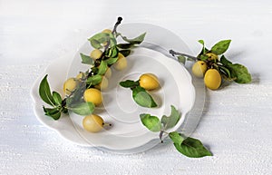 Cherry plum fruits in a white plate on a white background.Soft focus