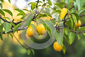 Cherry plum tree with fruits. Ripe yellow berries on a branch in orchard garden at summer. Selective focus. Beautiful bokeh.