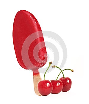 Cherry popcicle stick ice cream and cerries fruits