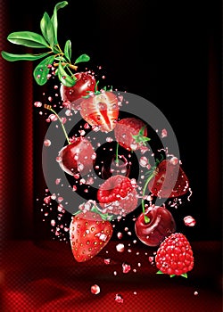 Cherry raspberry and strawberry into splashes of juice