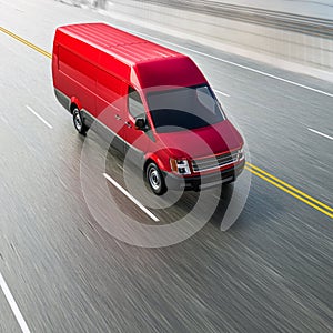 Cherry Red Commercial Van on Empty Highway Motion Blurred 3d Illustration