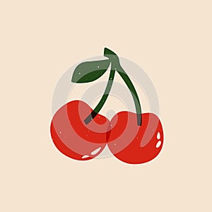 Cherry risograph sketch. Abstract natural ripe cherry berry, cartoon merry sign linocut print effect. Vector