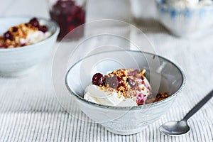 Cherry sauce, cream cheese and feta cream and crumble crust dessert