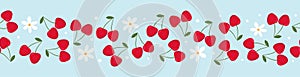 Cherry seamless border. Red cherries with green leaves and flowers on blue background. Flat design.