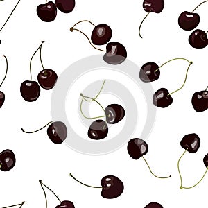 Cherry seamless pattern. Bunches of black juicy berries. Healthy, sweet and delicious food. Texture for printing on