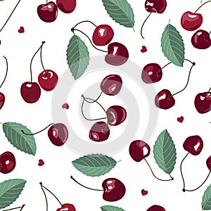 Cherry seamless pattern. Bunches of red, sweet and juicy berries with leaves and hearts. Texture for printing on fabric