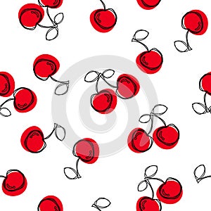 Cherry seamless pattern. Good for textile, wrapping, wallpapers, etc. Sweet red ripe cherries isolated on white background.